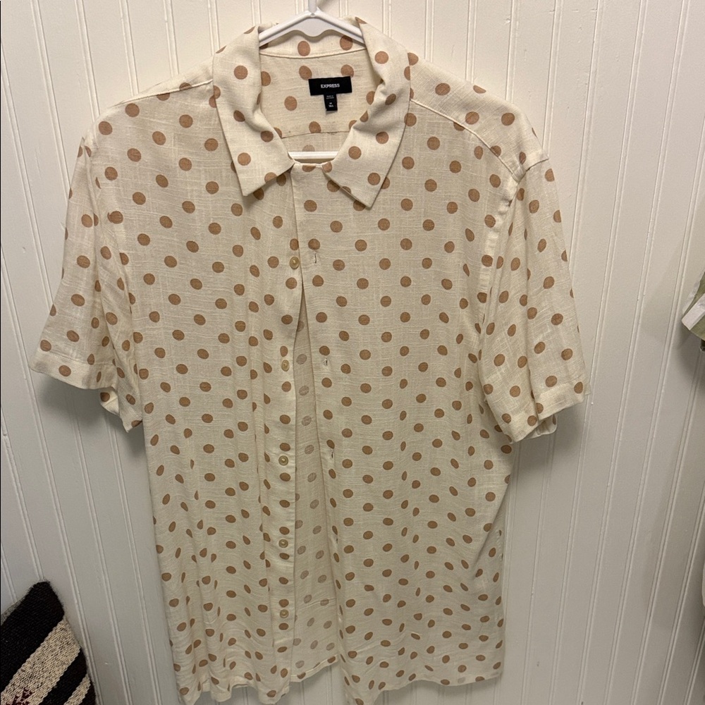Express Men's Cream Shirt with Brown Polka Dots